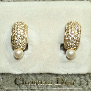 Vtg Christian Dior Faux Pearl Rhinestone Pave Gold Tone Huggie Clip On Earrings